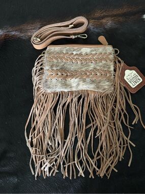 Western Linen Cowhide Crossbody Bag with Fringe